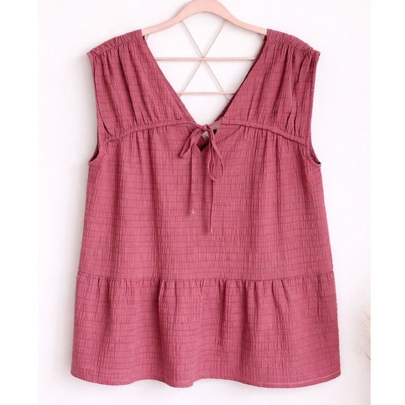 LOFT NEW Mauve Tiered Tie V-Neck V-Back Crinkle Gauze Swing Shirt Top SZ Large - Picture 13 of 13
